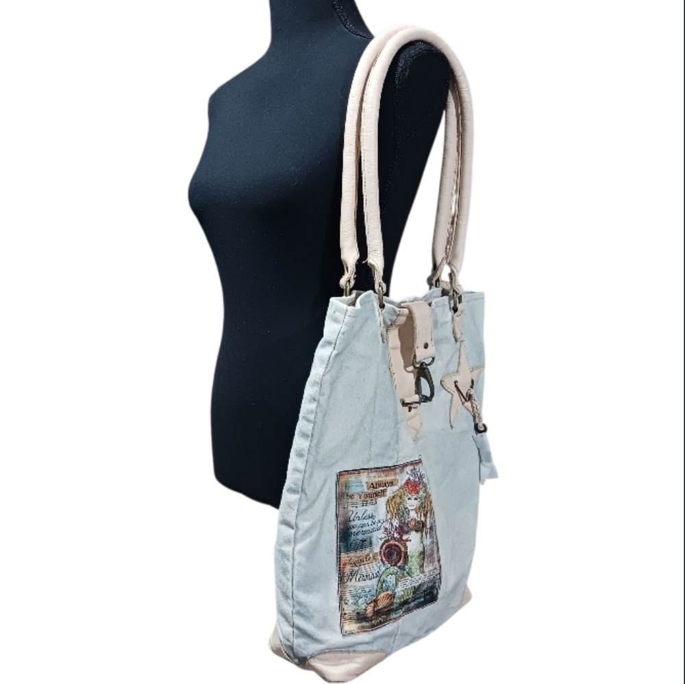 Vintage Addiction Mermaid Canvas Leather Tote Whimsy Recycled Always Be Yourself - Picture 2 of 13